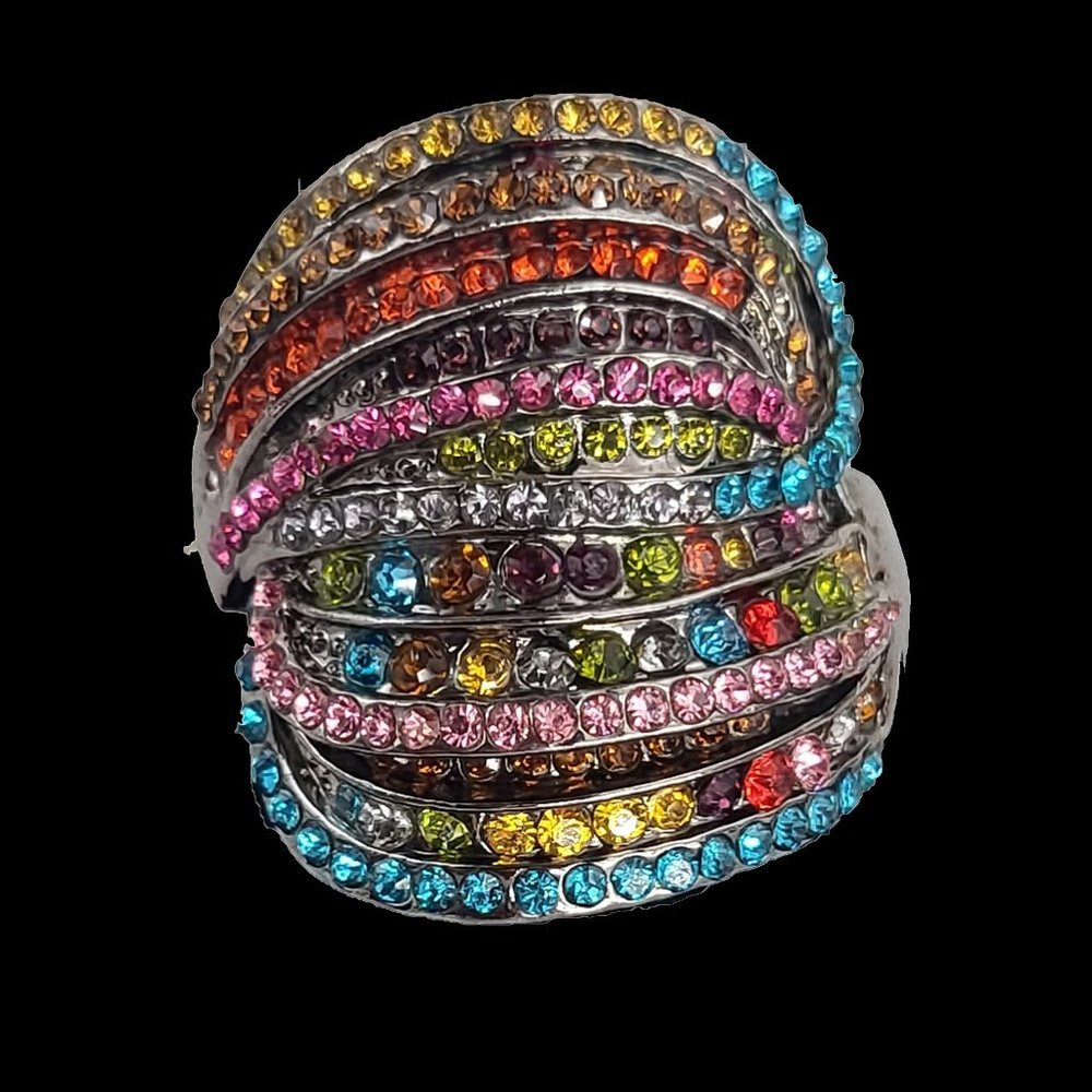 Silver Tone Multicolor Bejeweled Stretch Cocktail Ring